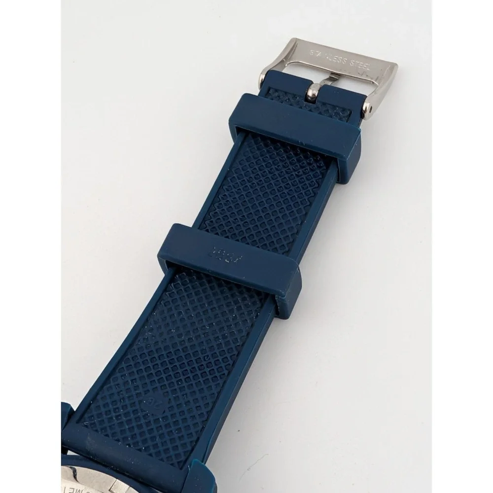 Lacoste Watch Men 43mm Case Navy Blue Textured Silicone Band- New Battery